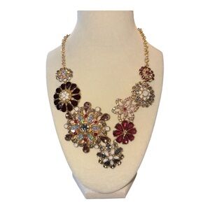 Floral Multicolor Jeweled Bib Statement Necklace Gold Tone Stamped JB1